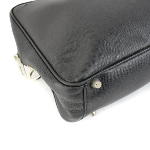PRADA: Black, Saffiano Leather & Silver Logo Tote Bag - Picture 8 of 12
